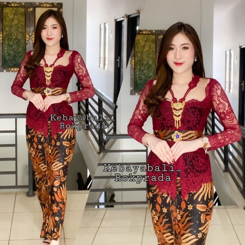 Kebaya dress Complete set for weddings or formal event made of brocade and batik cloth with long sleeve and V-neck F