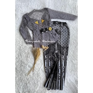 Kebaya dress | Complete set | for wedding or formal event | made of brocade and batik fabric, long sleeve and scoop neck