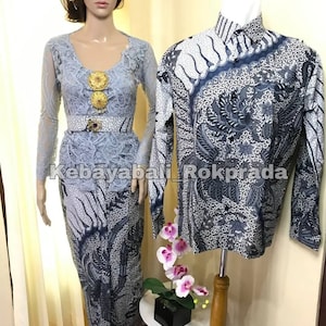 Kebaya Couple set | Indonesian women kebaya and men&#39;s batik shirt, sarimbit batik couple, long sleeve and V-Neck