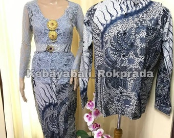 Kebaya Couple set | Indonesian women kebaya and men's batik shirt, sarimbit batik couple, long sleeve and V-Neck