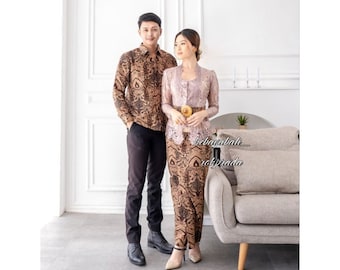 Handmade Batik Couple Set – Modern Kebaya Dress & Men’s Shirt Wedding Outfit
