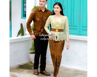 Handmade Batik Couple Set – Kebaya Dress & Men’s Shirt Glossy Wedding Outfit