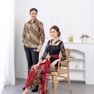 Couple set | full set of kebaya dress and men&#39;s batik shirt, sarimbit batik couple for weddings or formal events, long sleeve and V-neck
