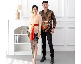 Handmade Batik Couple Set – Kebaya Dress & Men’s Shirt Salmon Orange Peacock