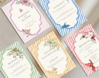 Elegant Hindu Summer Wedding Invitation Bundle Instant Download | Haldi, Sangeet, Mehendi, Wedding Ceremony | Indian wedding Invite