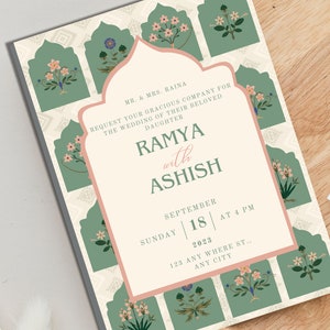 May include: A wedding invitation with a floral design. The invitation is for the wedding of Ramya and Ashish on Sunday, September 18, 2023 at 4 PM. The address is 123 Any Where St., Any City.