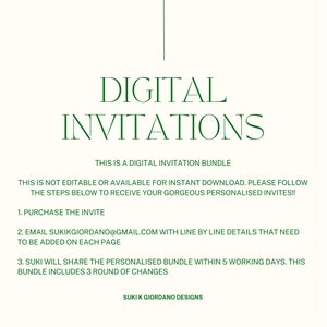 May include: Green text on a white background that reads "DIGITAL INVITATIONS".  The text below explains that this is a digital invitation bundle that is not editable or available for instant download.  It lists the steps to receive personalized invites, including purchasing the invite, emailing the seller with details, and receiving the personalized bundle within 5 working days.  The text also states that the bundle includes 3 rounds of changes.  The text at the bottom reads "SUKI K GIORDANO DESIGNS".