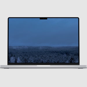 Puede incluir: Un portátil plateado con una pantalla negra que muestra una escena de bosque nevado bajo un cielo azul. El portátil está cerrado y sobre una superficie blanca. La pantalla tiene una pequeña cámara negra en la parte superior.