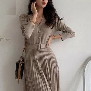 V-neck Single-breasted Women Thicken Sweater Dress Knitted Belted Female A-line soft dresses