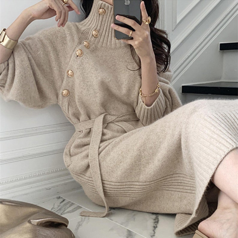 Long Winter Loose High Neck Tie Waist Knitted Sweater Dress - Etsy UK