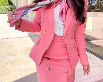 Sweethabit Woman Solid 3/4 Sleeve Blazer and High Waisted Skirt Set with Belt Sweethabit Woman Solid 3/4 Sleeve Blazer and High Waisted Skirt Set with Belt
