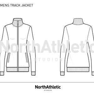 May include: Line drawing of a women's track jacket with a mock neck, zipper closure, and two pockets. The jacket is shown from the front and back.