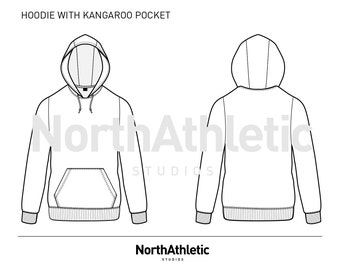 HOODIE with KANGAROO POCKET - Fashion Vector Drawing, Flat Sketch, Unisex, for adobe Illustrator