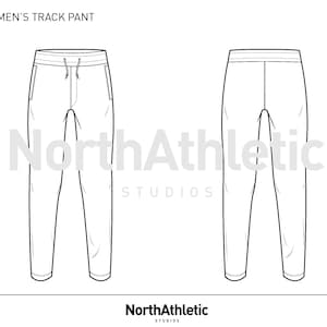 May include: A line drawing of a pair of track pants with a drawstring waist and side pockets. The pants are shown in a front and back view.