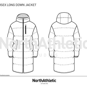 May include: Line drawing of a unisex long down jacket with a hood. The jacket has a zip fastening and a pocket on the left side. The drawing shows the front and back views of the jacket.