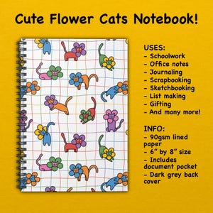 Lindo cuaderno espiral con diseño de gato y flores para notas de clase, estudio, trabajo, oficina, diario, regalo para amantes de los gatos, diseño de gatito kawaii divertido, brillante y colorido.