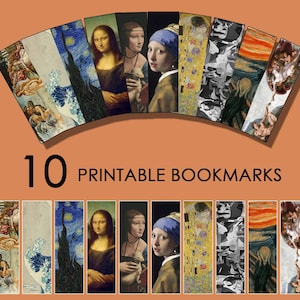May include: Ten printable bookmarks featuring famous paintings. The bookmarks include The Great Wave off Kanagawa, Starry Night, Mona Lisa, Girl with a Pearl Earring, The Kiss, The Scream, and The Creation of Adam.