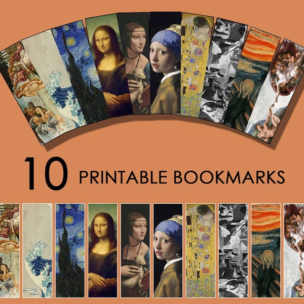 Printable Bookmarks Set , Famous Paintings Bookmarks , Digital Bookmark , Printable, Starry Night | The Scream | Mona Lisa | The Great Wave