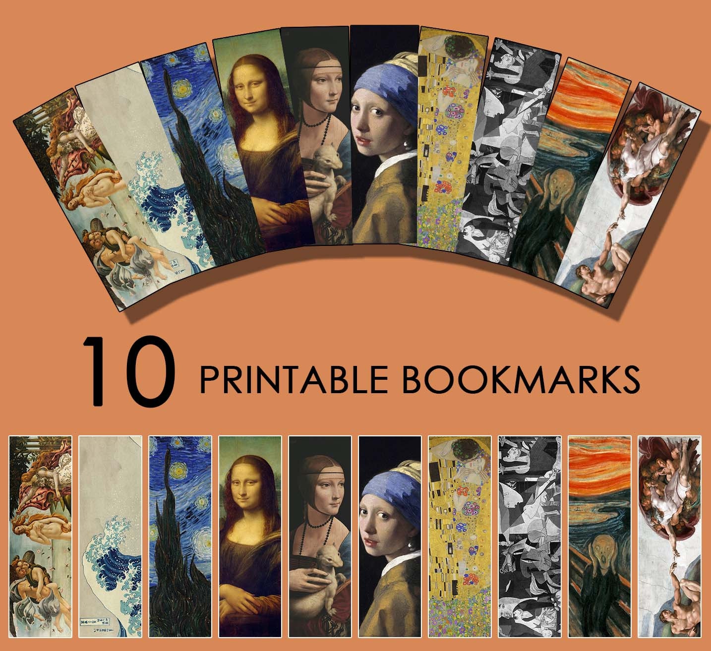 Printable Bookmarks Set , Famous Paintings Bookmarks , Digital Bookmark , Printable, Starry Night | The Scream | Mona Lisa | The Great Wave