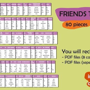 May include: A printable Friends themed taboo game with 80 pieces. The game cards are pink and feature a grid of words related to the TV show Friends. The text "FRIENDS TABOO" is in a purple box with a white outline. The text "80 pieces" is in an orange box with a white outline. The text "You will recieve: - PDF files (8 card per page) - PDF files (seperated cards) instant download" is in black text on a white background.