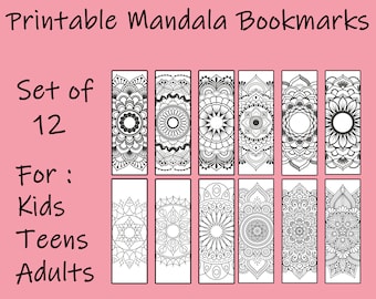 Printable Mandala coloring bookmarks (Set of 12), Mandala coloring pages for kids, teens, adults, INSTANT DOWNLOAD, PDF, adult coloring page