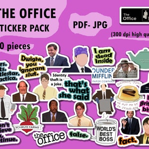 May include: A sticker pack featuring 30 different designs from the popular TV show "The Office". The stickers feature characters, quotes, and logos from the show, including Dwight, Michael, and Jim. The stickers are printed on high-quality paper and are perfect for adding a touch of humour to your laptop, water bottle, or planner.
