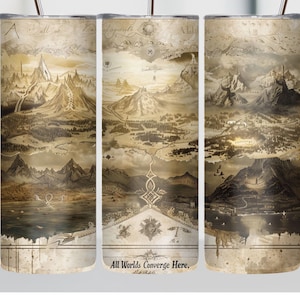 May include: Three stainless steel tumblers with a vintage map design. The map features mountains, rivers, and cities in shades of brown and beige. Each tumbler has a silver lid and a straw. The text "All Worlds Converge Here" is printed on the bottom.