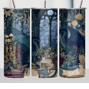 Dark Academia Dragon Tumbler Wrap 2PNGs – Gothic Fantasy Bookish Wrap, Fourth Wing & SJM Inspired, Printable Dragon Drinkware Art