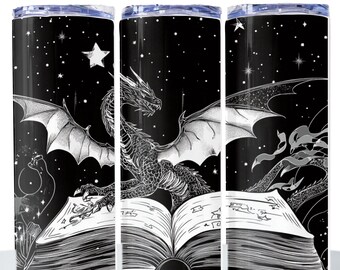 Fantasy Dragon 20oz Tumbler Wrap PNG, Book Lover Cup Wrap, Dark Background, Mystical Reading Gift, Sublimation Design for Readers