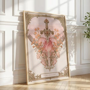 Peut inclure: Une impression d'art murale rectangulaire encadrée représentant une épée centrale transperçant un cœur entouré de fleurs orange et roses. L'œuvre présente une palette de couleurs pastel douces avec une bordure décorative et le texte FIREHEART en bas.
