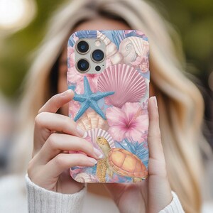 Blommigt telefonskal med sjöstjärnor och havssköldpaddor i PNG-stil – Kustnära bohemisk design med havsliv – Strandliknande trendig clipart – Nedladdning av sublimeringskonst direkt