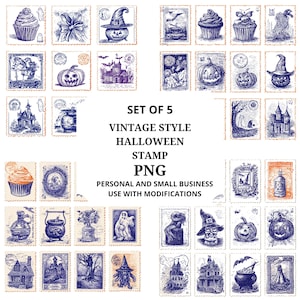 May include: A set of vintage-style Halloween stamps in blue and orange hues. The stamps depict spooky imagery such as pumpkins, haunted houses, and witch hats. The text "SET OF 5 VINTAGE STYLE HALLOWEEN STAMP PNG" is also visible.
