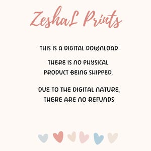 Puede incluir: Anuncio de descarga digital con el texto "Zeshal Prints" en fuente cursiva. El texto de abajo indica que no se env&iacute;a ning&uacute;n producto f&iacute;sico y que no hay reembolsos debido a la naturaleza digital del producto.