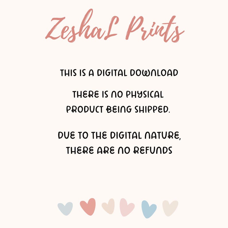 Puede incluir: Anuncio de descarga digital con el texto "Zeshal Prints" en fuente cursiva. El texto de abajo indica que no se env&iacute;a ning&uacute;n producto f&iacute;sico y que no hay reembolsos debido a la naturaleza digital del producto.