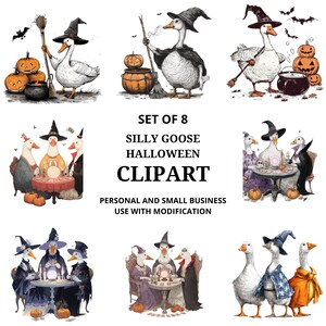 Könnte beinhalten: Set von 8 Silly Goose Halloween Clipart-Illustrationen. Die Bilder zeigen Gänse in Hexenhüten und Umhängen, zusammen mit Kürbissen, Kesseln und Besen. Der Text auf dem Bild lautet "Set of 8 Silly Goose Halloween Clipart" und "Personal and Small Business Use with Modification."