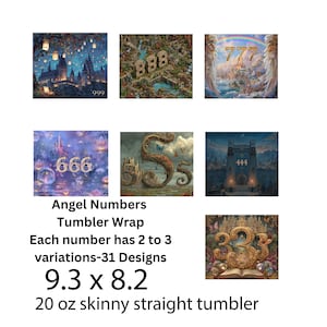 Puede incluir: Una colección de diseños de arte digital para un vaso recto delgado de 20 oz. La imagen presenta varios números de ángeles, incluidos 999, 888, 777, 666, 555 y 444, cada número con 2 a 3 variaciones. La envoltura del vaso mide 23,6 x 20,8 cm.