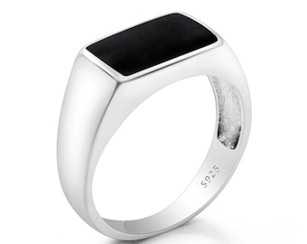 Anello in argento 925 elegante anello con pietra nera, anello rettangolare da donna