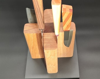 magnetic knife block for 8 kitchen knives made of oak & walnut | handmade solid wooden knife holder | Unique