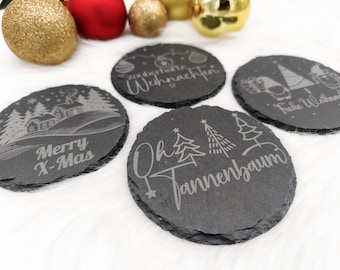 Slate glass coaster • Christmas gift with various motifs • Gnome winter landscape Christmas tree • Round 10 cm