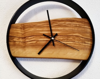 DIY wall clock set with 40 cm metal ring & mounting hardware – industrial design – hand sets, wall bracket + care wax – optional solid wood option