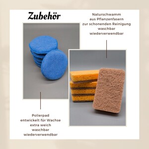 May include: A set of cleaning supplies includes a stack of blue microfiber polishing pads, a stack of yellow and brown natural sponges, and text that reads "Zubeh&ouml;r" and "Polierpad entwickelt f&uuml;r Wachse extra weich waschbar wiederverwendbar" and "Naturschwamm aus Pflanzenfasern zur schonenden Reinigung waschbar wiederverwendbar".