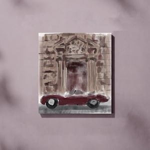 Vintage Red Car at an Italian Door - Fine Art Print of Handmade Digital Water Colour Painting