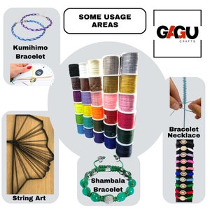 May include: Assortment of colorful waxed cords for crafting.  Some usage areas include string art, bracelets, necklaces, and shambala bracelets.  The image also shows a Kumihimo bracelet and a bracelet necklace.