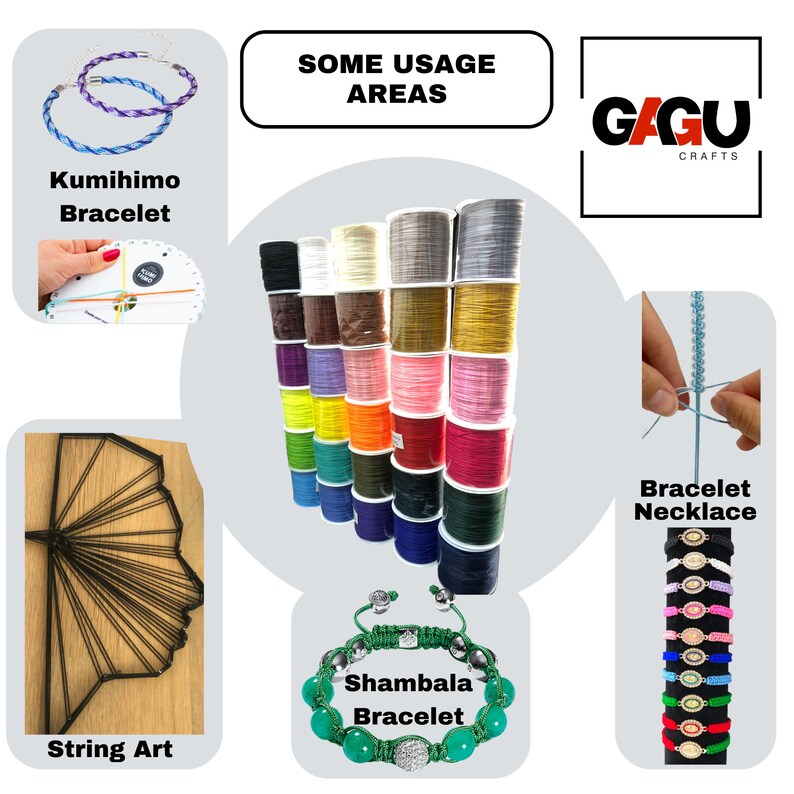 May include: Assortment of colorful waxed cords for crafting.  Some usage areas include string art, bracelets, necklaces, and shambala bracelets.  The image also shows a Kumihimo bracelet and a bracelet necklace.