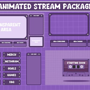 May include: Purple and white animated stream package with a cassette tape graphic that says "Starting Soon". The package includes a transparent area, live chat, new follower, new subscriber, new donor, specs, merch, socials, Instagram, shop, goals, schedule, games, rules, and FAQ.