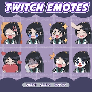 May include: Set of eight Twitch emotes featuring a cartoon character with black hair and different expressions. The emotes are in a grid of four rows and two columns. The emotes are in various sizes: 28x28, 56x56, and 112x112.