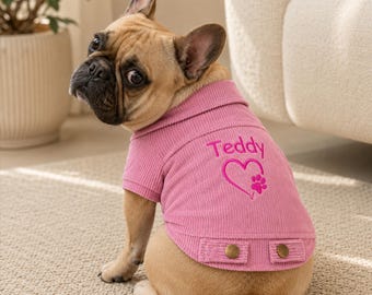 Personalized Corduroy Dog Shirt, Custom Name Embroidered Pet Jacket, Short Sleeve Puppy Clothes, French Bulldog Outfit, Dog Lover Gift