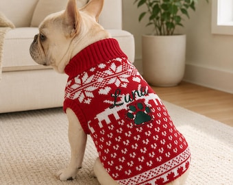 Personalized Christmas Pet Clothing, Custom Name Embroidered Holiday Sweater, Winter Dog Jumper, Holiday Pet Outfit for Small Medium Dog Cat