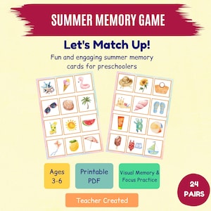 Printable Summer Memory Game for Kids - Summer Games - Summer Memory Matching Game - Download PDF