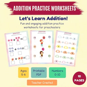 First Grade Math Worksheets - Printable Addition Worksheets - 1st Grade Math - Kindergarten - Download PDF